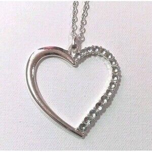 Rhinestone Heart Shaped Silvertone Chain Necklace Costume Jewelry